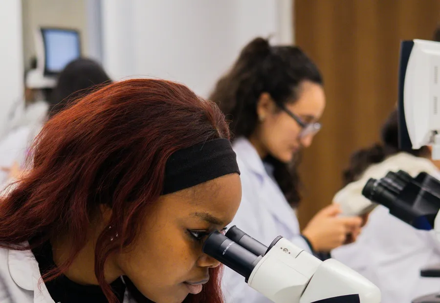 A student in a lab coat looks through a microscope.